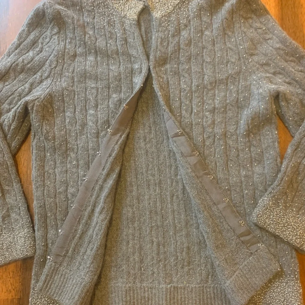 J.Crew Cardigan Medium Gray Beaded Cashmere Wool Angora Blend 3/4 Sleeves Cable